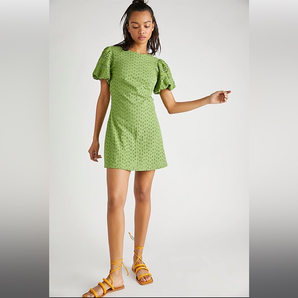 Free People Apricot Rose Puff Sleeve Eyelet Green Dress